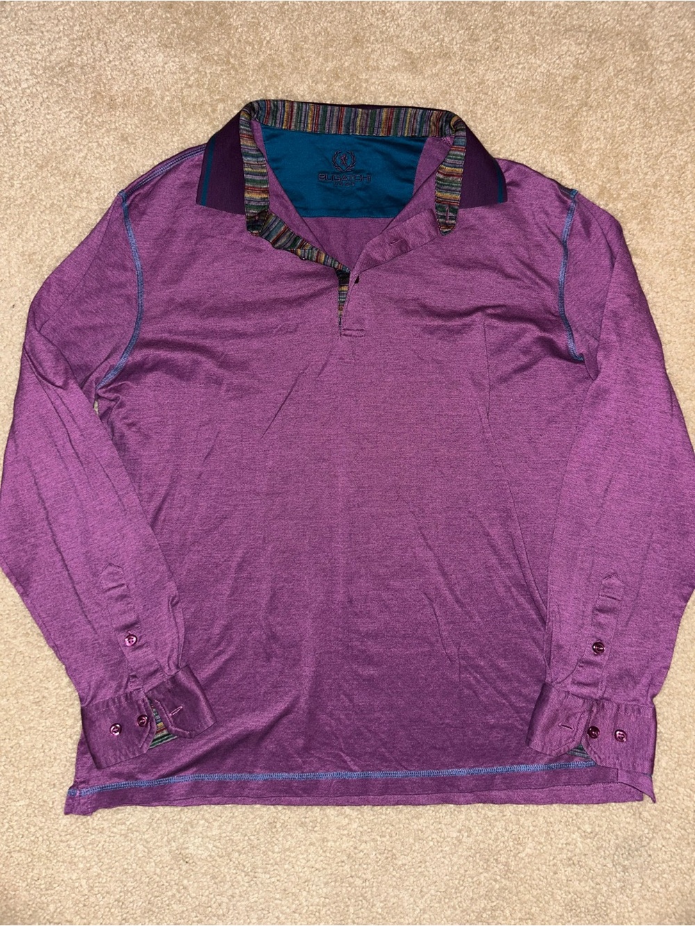 Bugatchi Purple Long-Sleeve Polo with Striped Collar